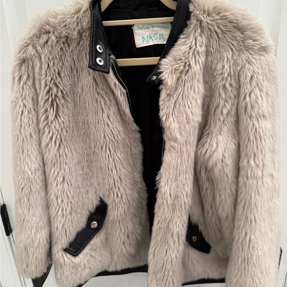 Zara Cream and Black Teddy Jacket Plush Faux Fur